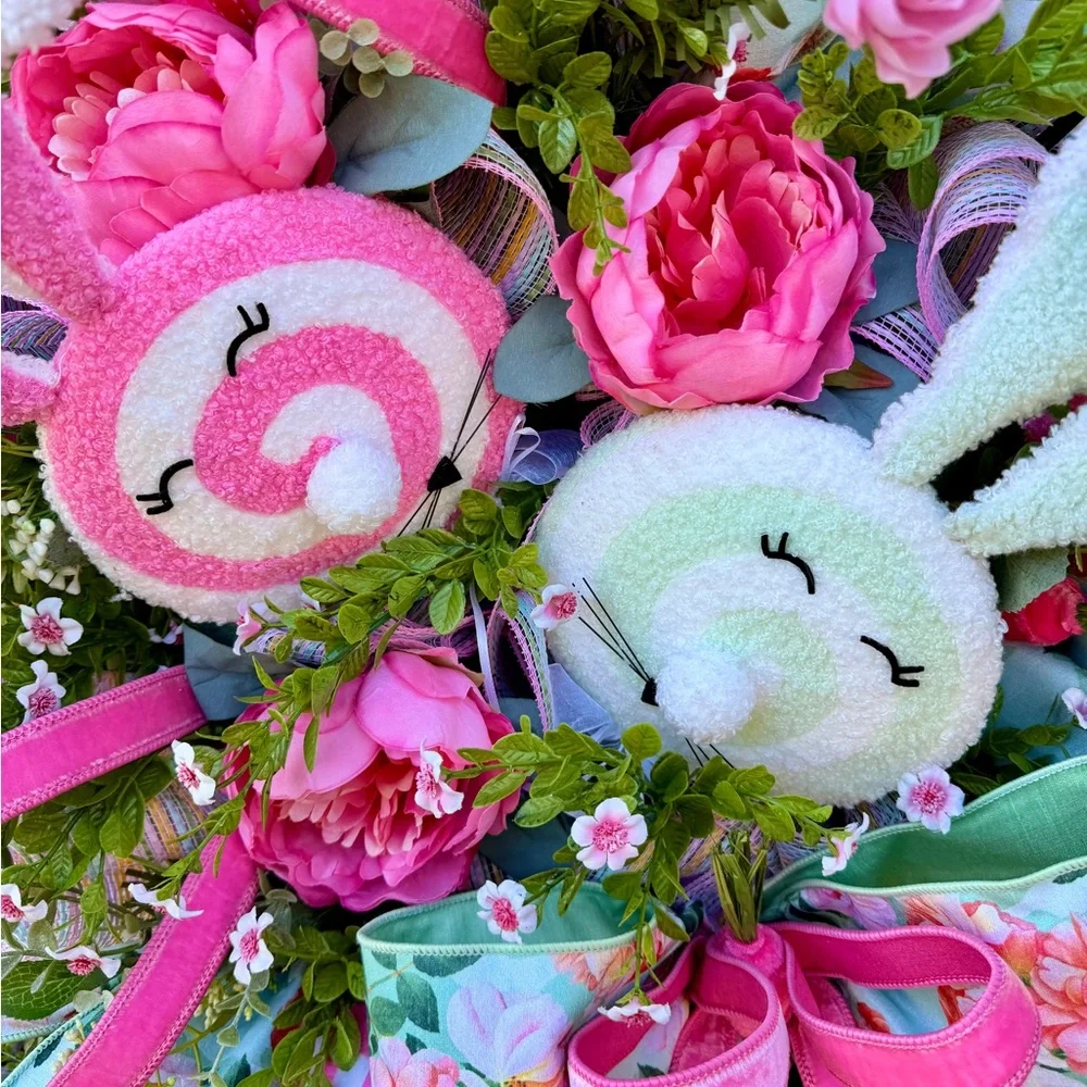 Floral Easter Bunny Wreath with Pink Accents